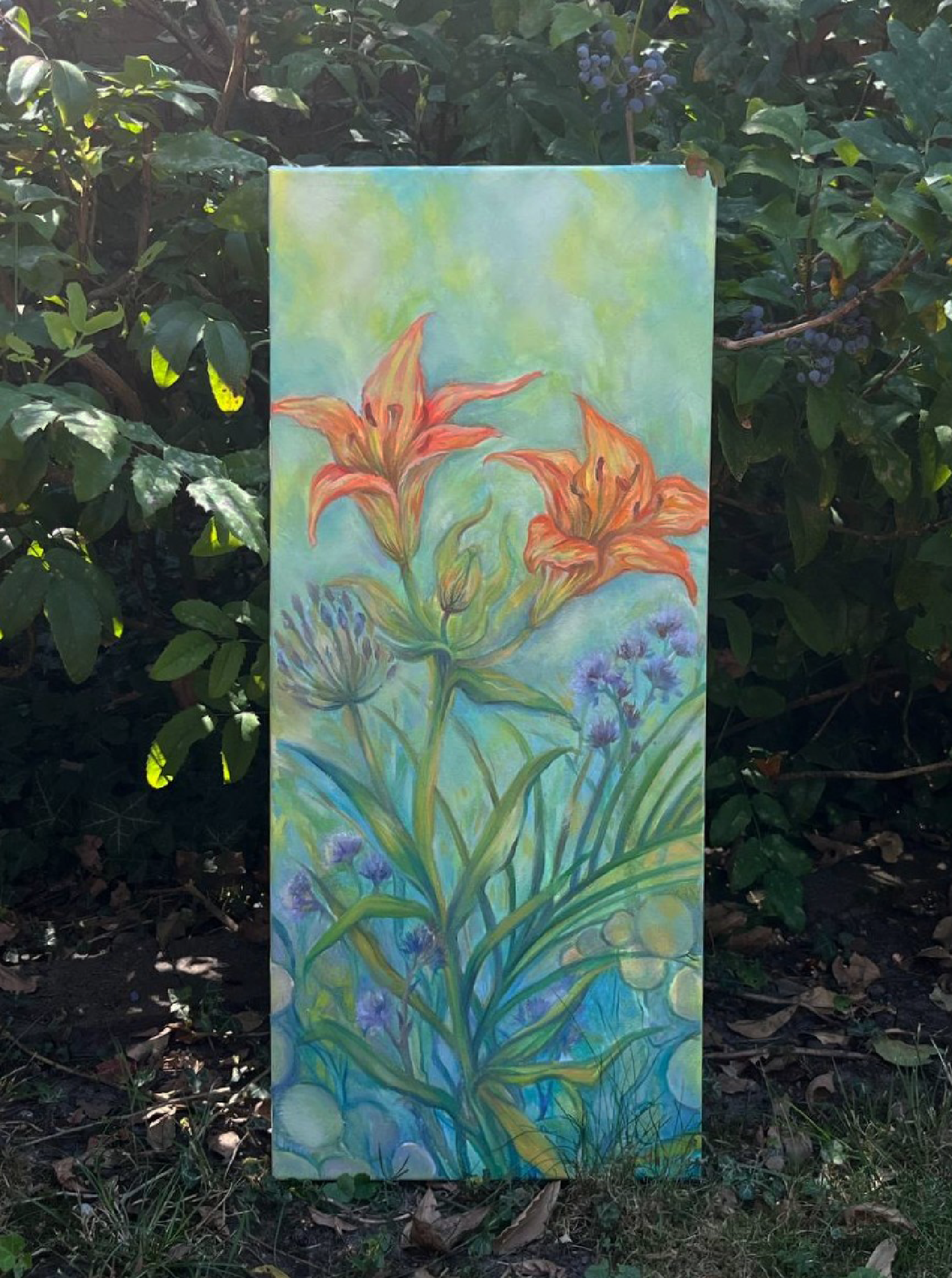 Not Only in Memory – original oil painting, daylilies, 30×70 cm, by Qekkel