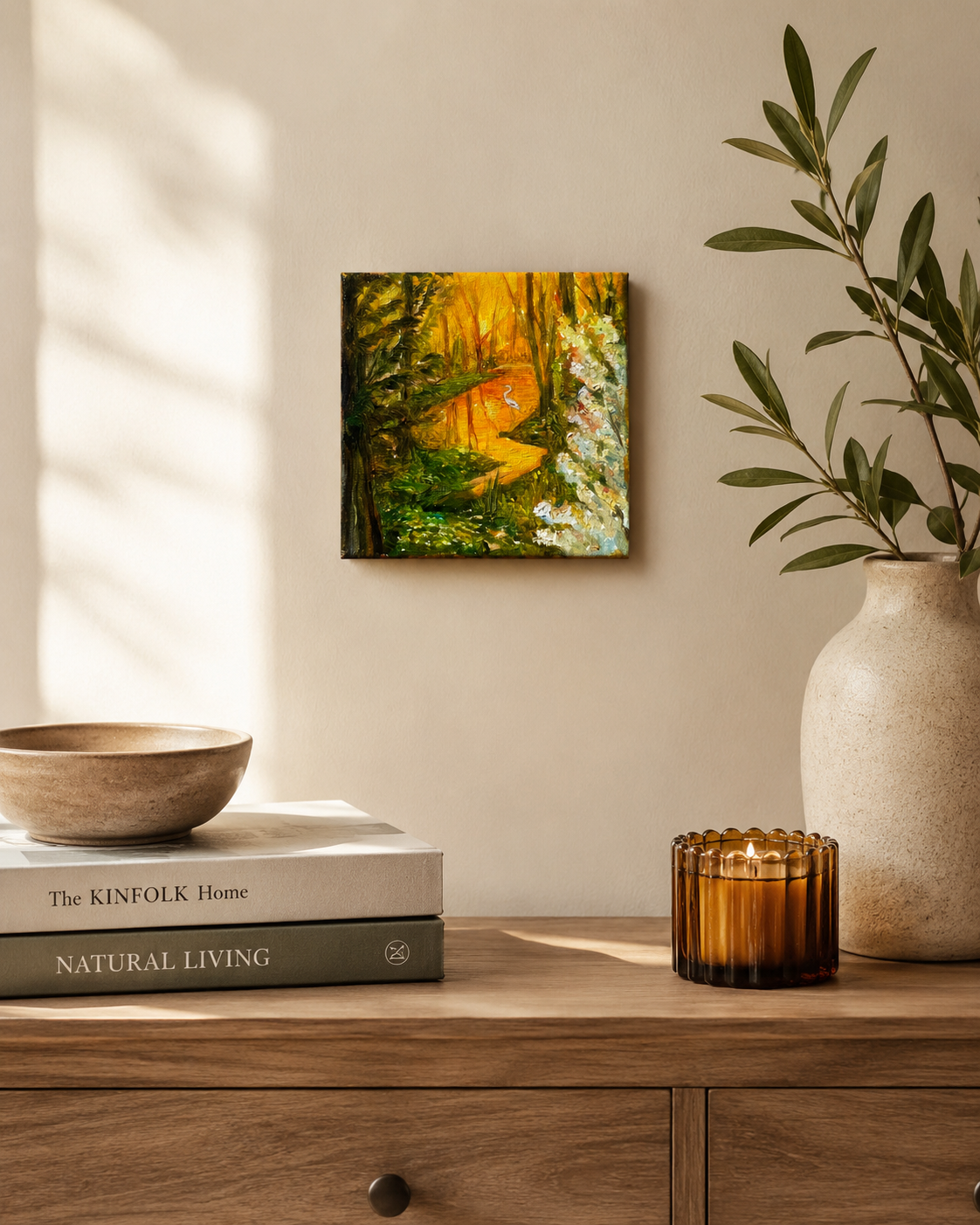 Spring Park – original oil painting by Olga Qekkel in cozy Scandinavian interior