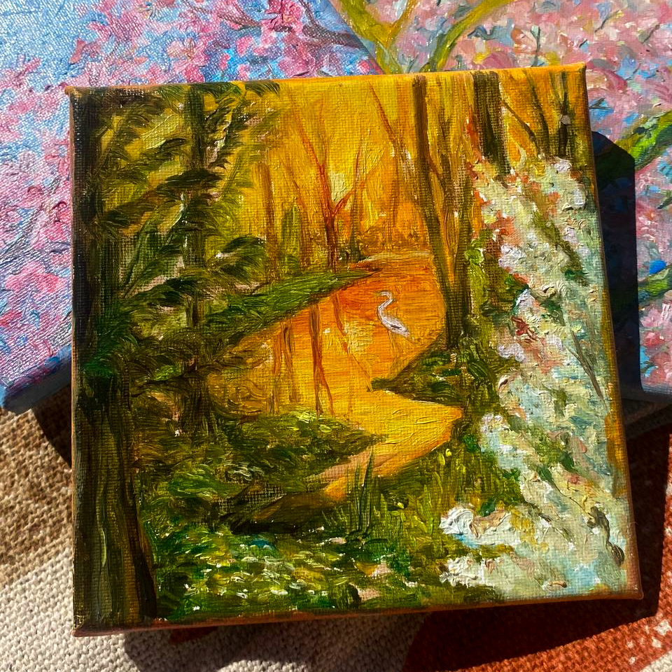 Spring Park – original oil painting on stretched canvas, 10×10 cm, by Qekkel