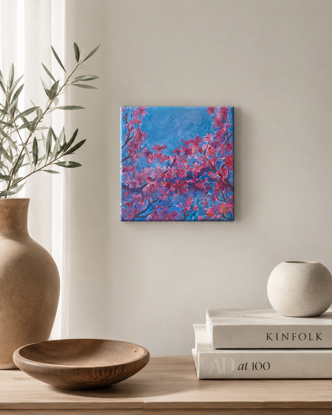 Sakura – cherry blossom oil painting in cozy Scandinavian interior, 10×10 cm