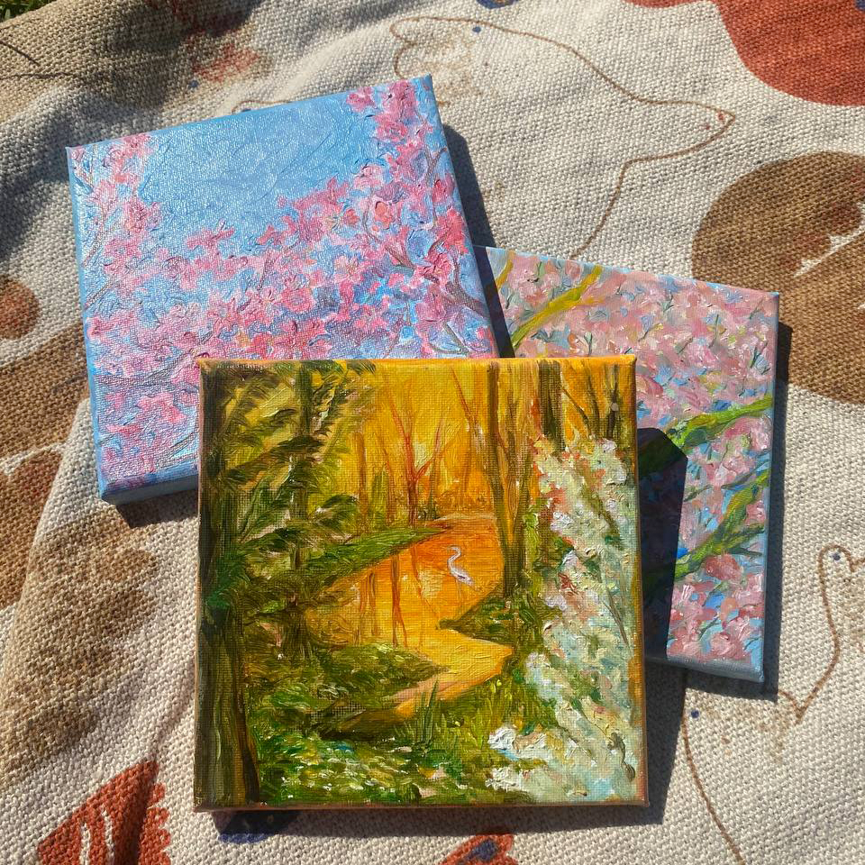 Spring Park – three mini paintings together, oil on canvas