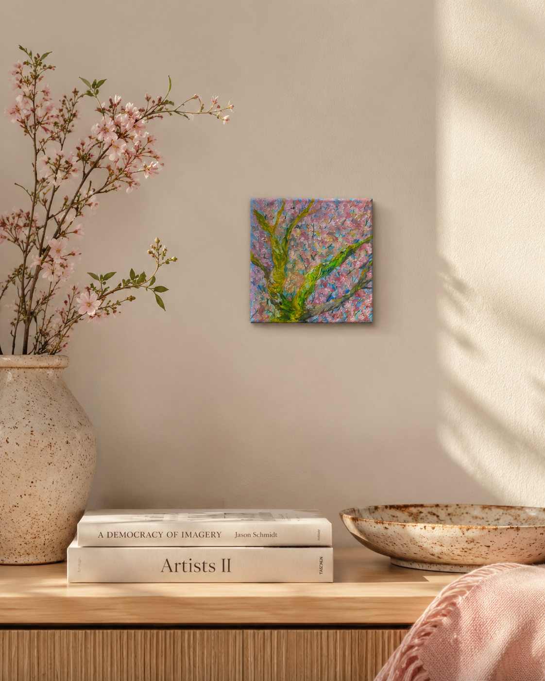 Sakura II – mini oil painting on light wall in modern Scandinavian interior