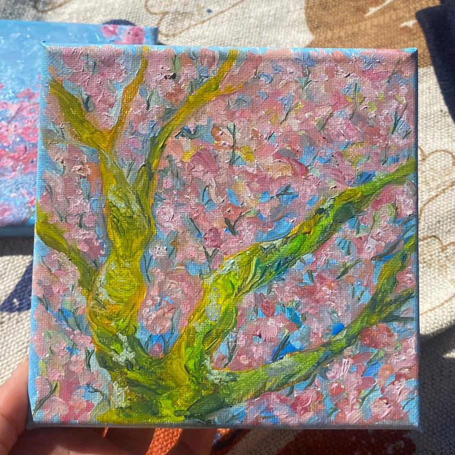 Sakura II – original oil painting on stretched canvas, 10×10 cm, by Qekkel